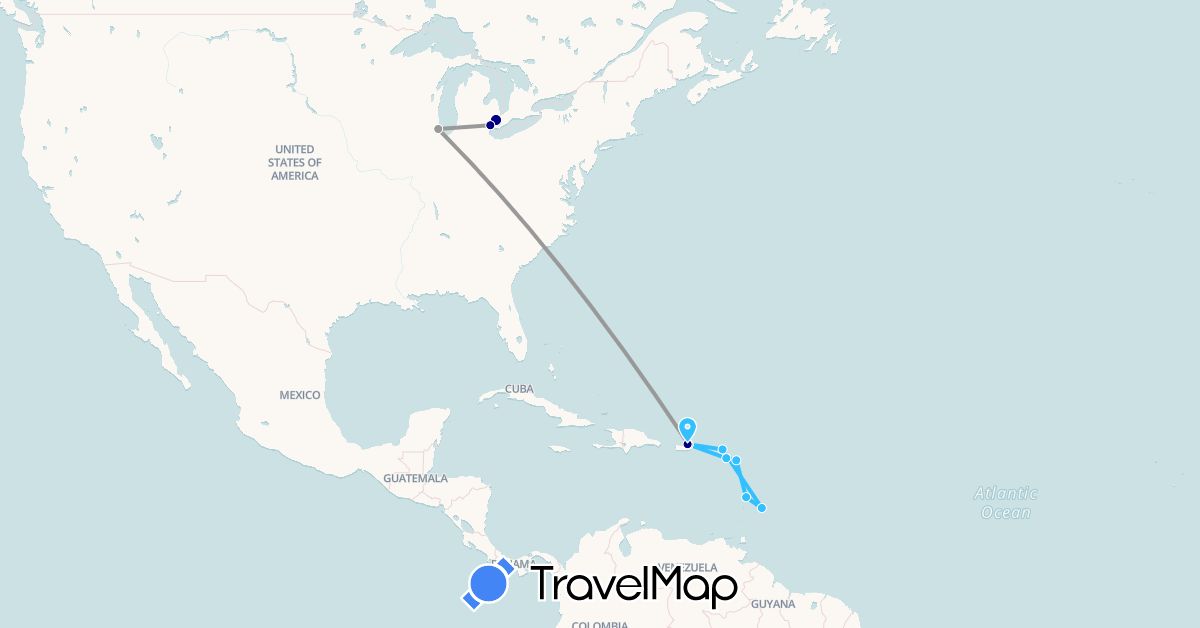 TravelMap itinerary: driving, plane, boat in Antigua and Barbuda, Barbados, Saint Kitts and Nevis, Saint Lucia, Saint Martin, United States (North America)