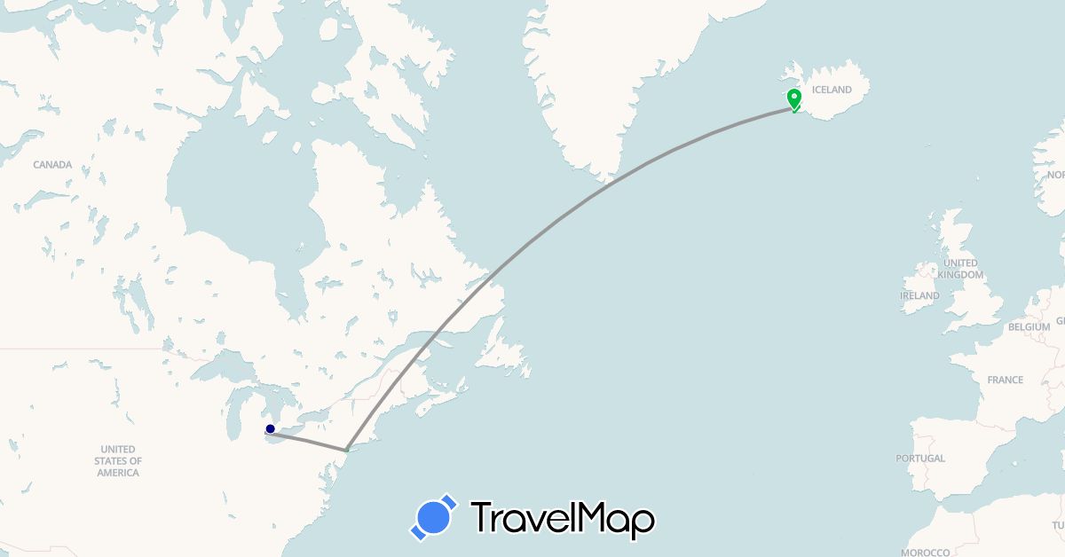 TravelMap itinerary: driving, bus, plane, hiking in Iceland, United States (Europe, North America)